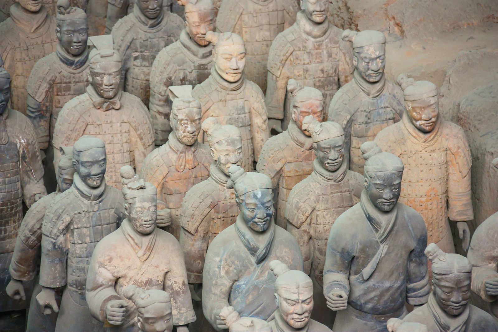 Rows of terracotta warrior statues in the excavation pits near Xi’an